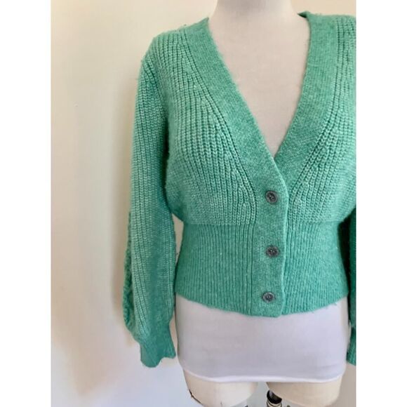 VTG 90s y2k Green Knit Cropped Sweater Mutton Sleeves Cable Argyle Cardigan Med - Picture 4 of 16